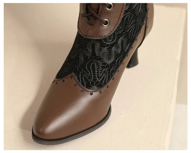 Retro Women Mid-calf Boots Victorian Black Brown Leather High Kitten Heel Party Wedding Lady Pointed Toe Lace Cosplay Half Boots