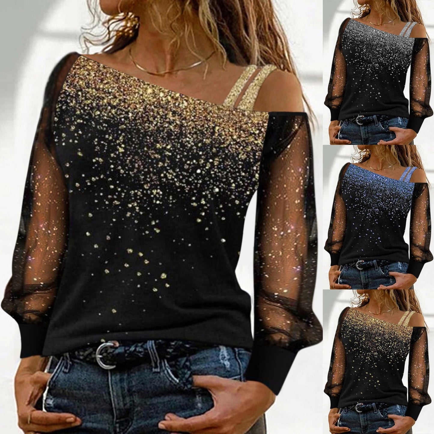 Summer Casual Long Sleeve Women Tops Sequin Print Sexy Mesh Blouse Cold Shoulder Black Shirt Slim Tight Shirts Blusas