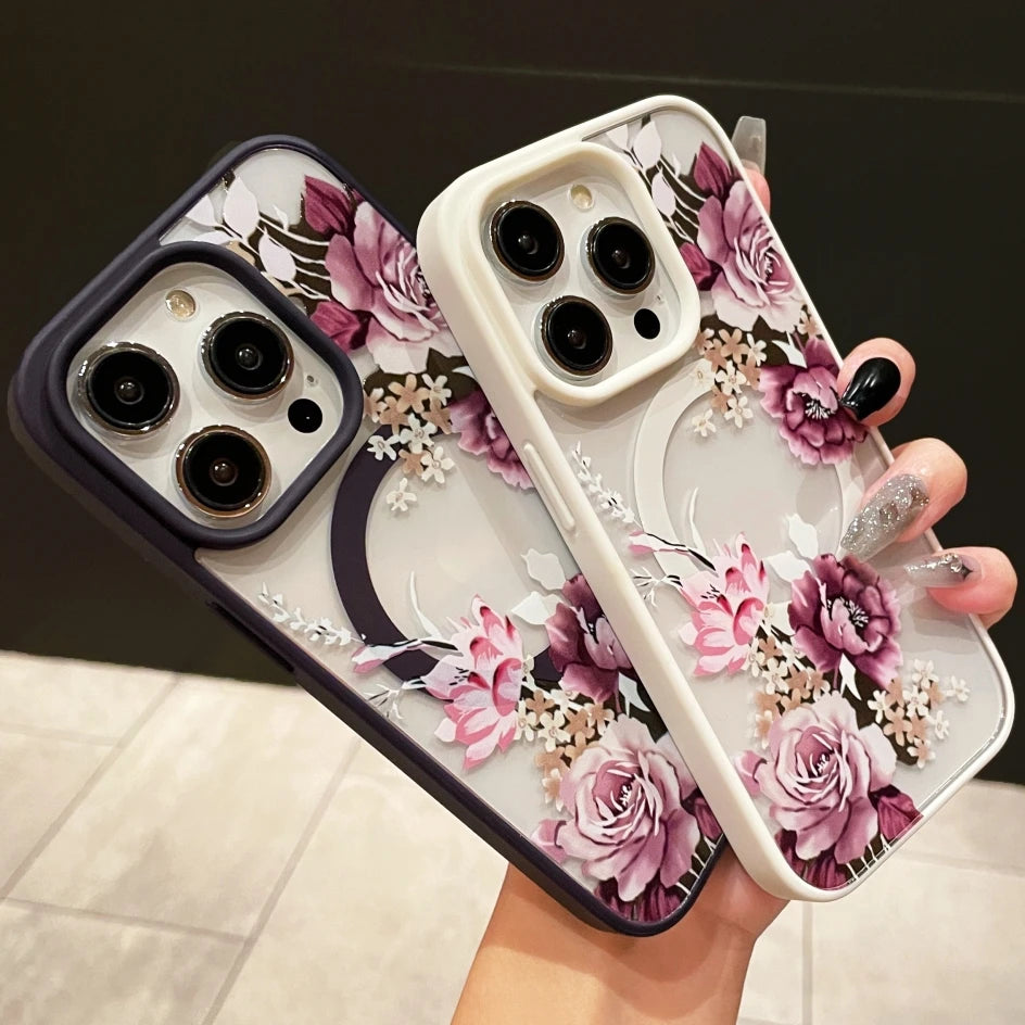 Luxury Flower Pattern Magnetic For Magsafe Candy Frame Case For iPhone 16 15 14 13 12 11 Pro Max Pro Max Wireless Charge Cover