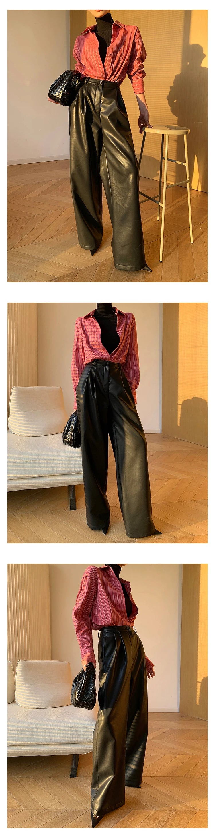 Lautaro Spring Autumn Loose Casual Soft Black Burgundy Pu Leather Wide Leg Pants for Women High Waist Korean Style Fashion 2023