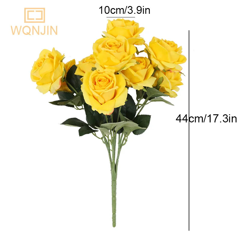 WQNJIN Red Yellow Simulation Rose Bouquet Wedding Flowers 10 Heads Fake Roses Artificial Flower Silk Flowers Home Decoration