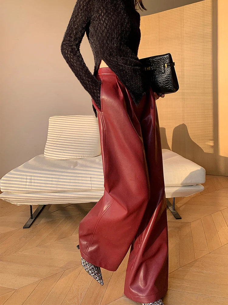 Lautaro Spring Autumn Loose Casual Soft Black Burgundy Pu Leather Wide Leg Pants for Women High Waist Korean Style Fashion 2023