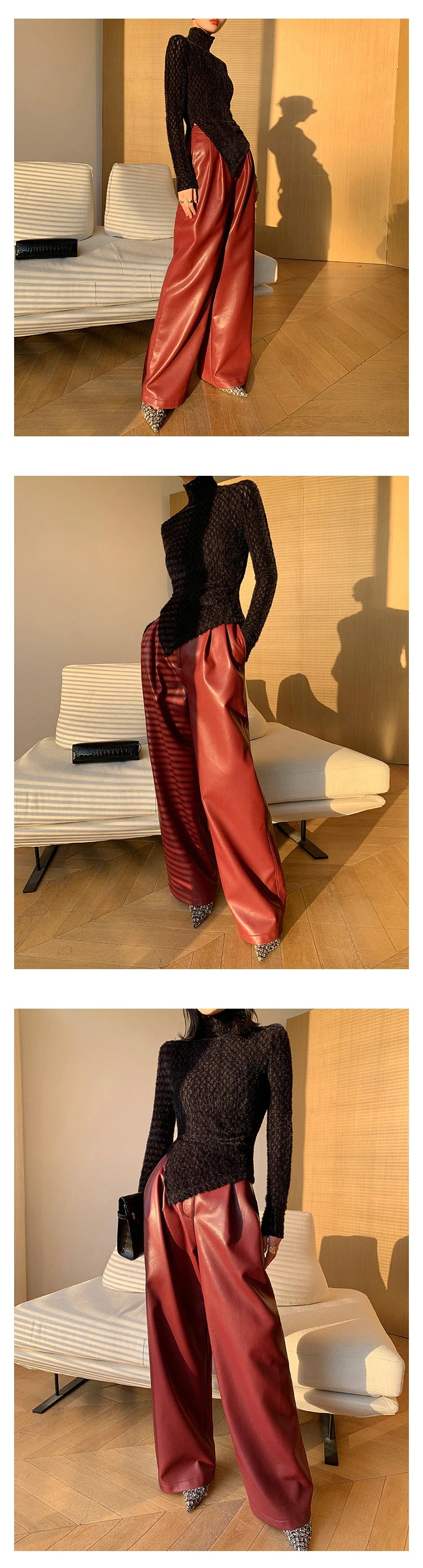 Lautaro Spring Autumn Loose Casual Soft Black Burgundy Pu Leather Wide Leg Pants for Women High Waist Korean Style Fashion 2023