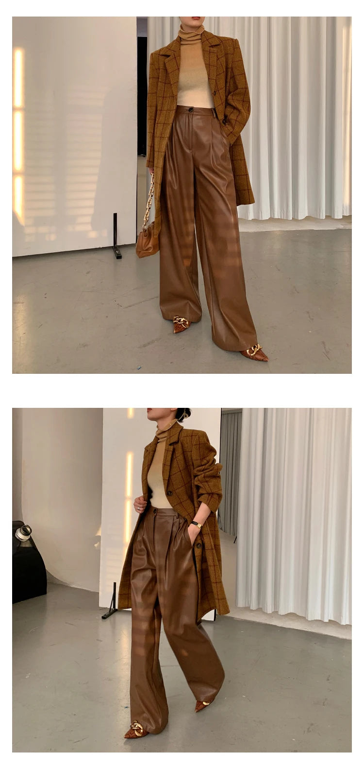 Lautaro Spring Autumn Loose Casual Soft Black Burgundy Pu Leather Wide Leg Pants for Women High Waist Korean Style Fashion 2023