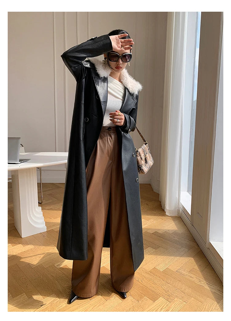 Lautaro Spring Autumn Loose Casual Soft Black Burgundy Pu Leather Wide Leg Pants for Women High Waist Korean Style Fashion 2023