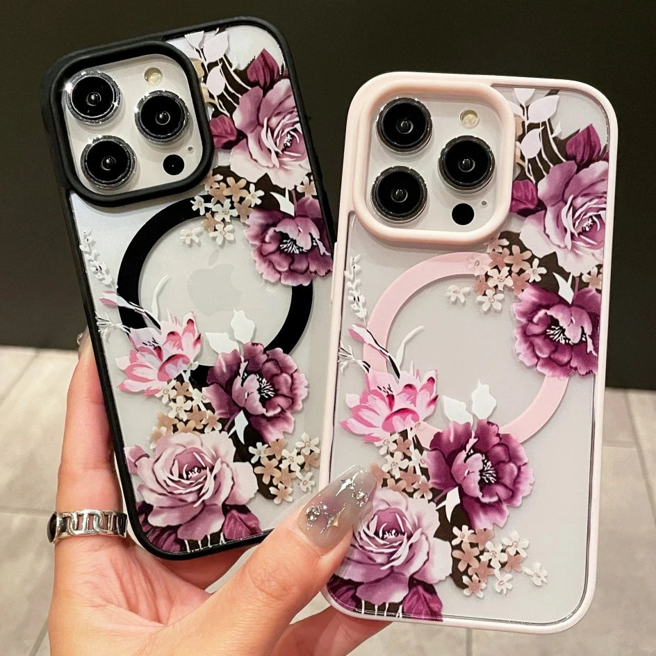 Luxury Flower Pattern Magnetic For Magsafe Candy Frame Case For iPhone 16 15 14 13 12 11 Pro Max Pro Max Wireless Charge Cover