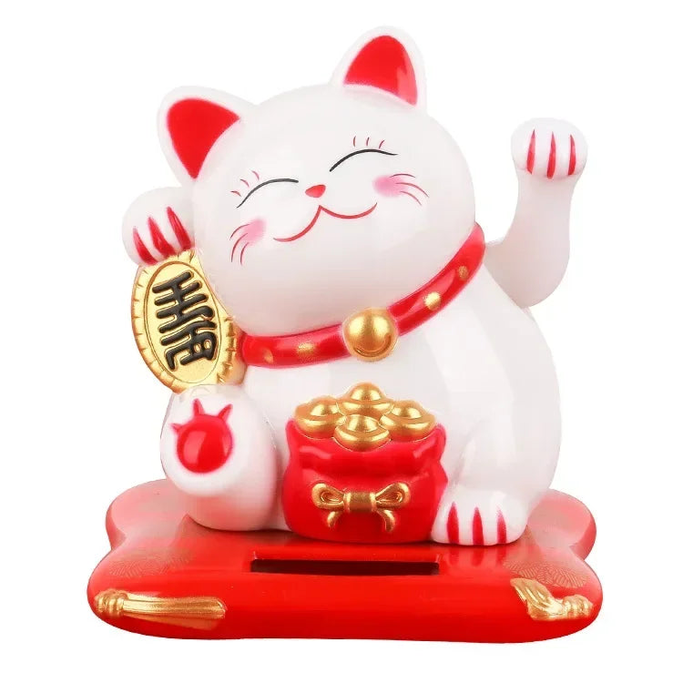 Solar Powered Maneki Neko Lucky Cat Welcoming Chinese Lucky Cat Waving Hand Beckoning Fortune Cat Figurines For Home Decor