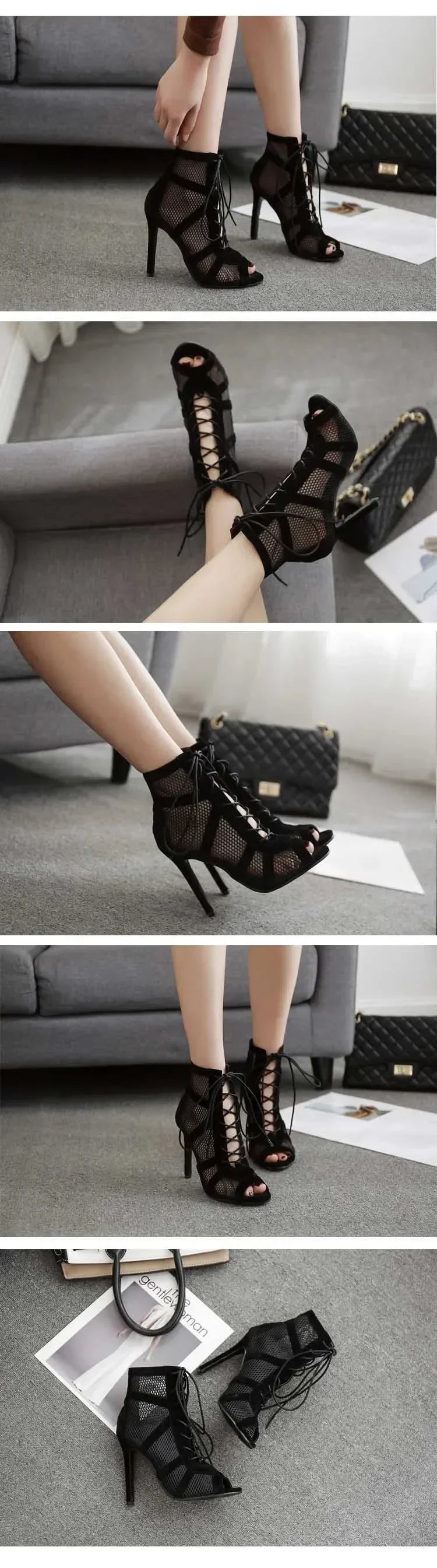 Sexy High Heels Hollow Mesh Sandals Women Summer Cross-tied Peep Toe Heeled Sandals Ankle Strap Dance Shoes Black Net Sandals