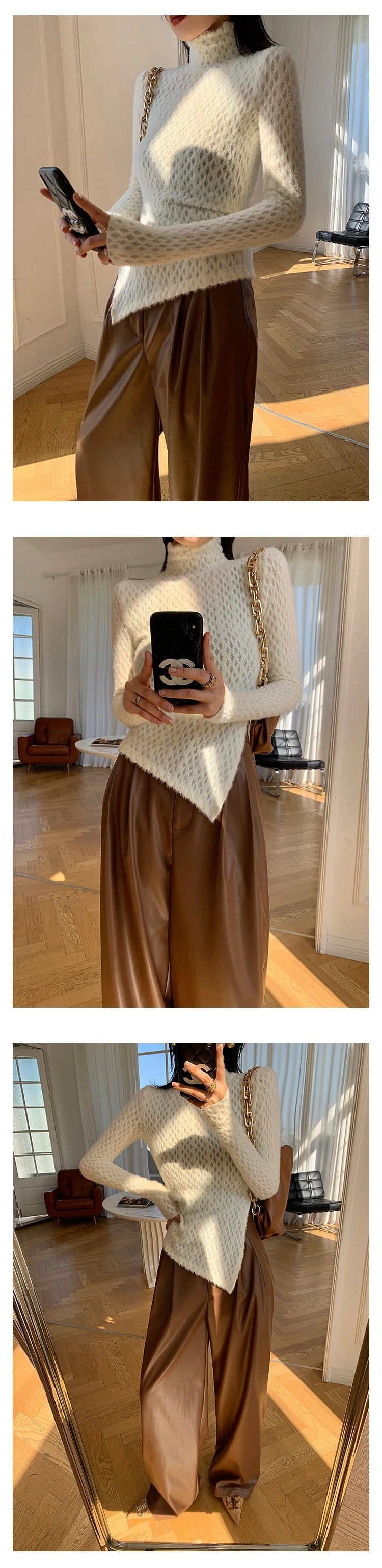 Lautaro Spring Autumn Loose Casual Soft Black Burgundy Pu Leather Wide Leg Pants for Women High Waist Korean Style Fashion 2023