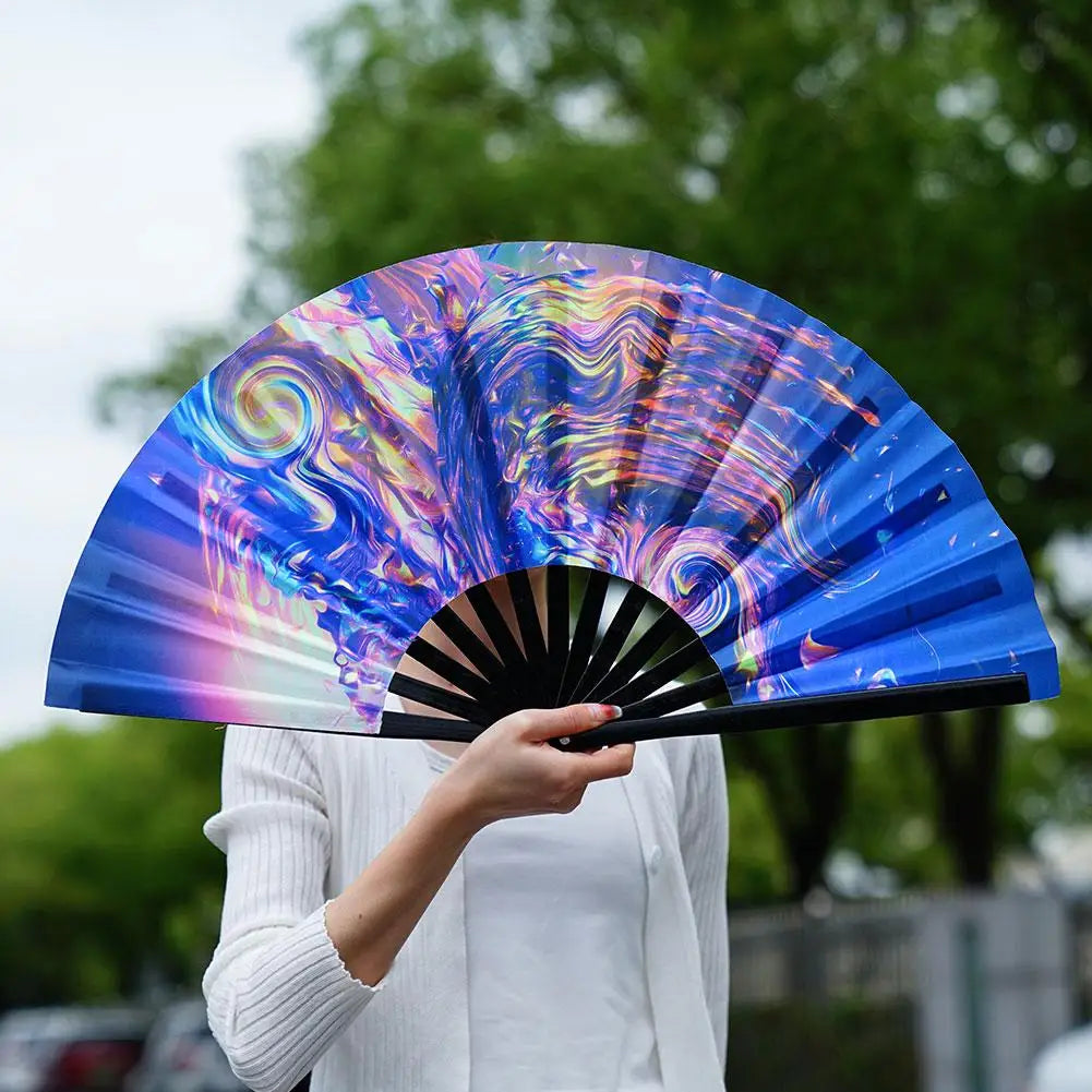 Gradient Colorful Reflective Foldable Fan Magic Soft 33cm Large Cloth Dance Photography Kung Fu Fan Props Disco Fan Festival Fan