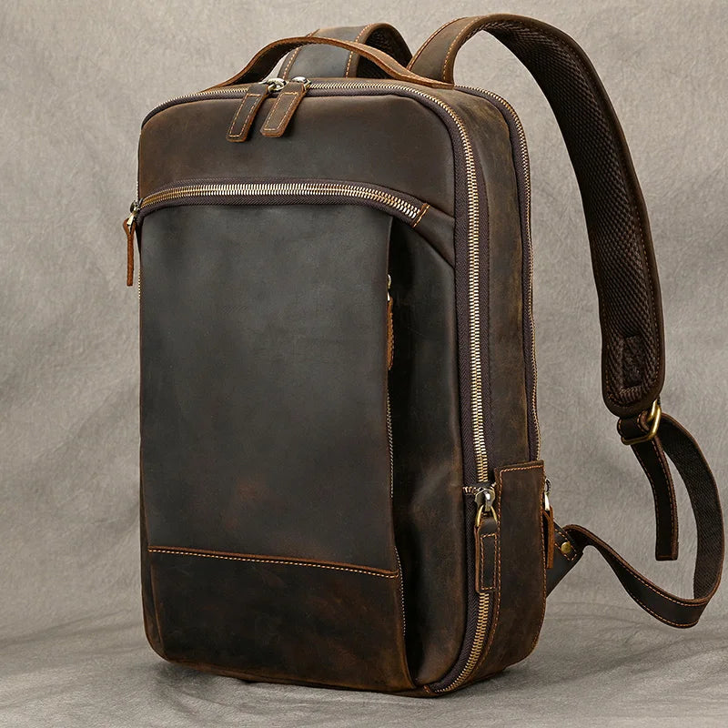 Vintage Men's Crazy Horse Leather Backpack genuine leather Retro Rucksack Large Classic Travel Backpack Big laptop computer bag