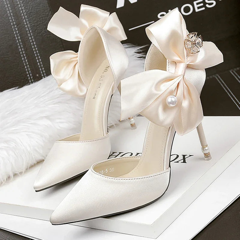 2023 New Bow-knot Women Pumps Designer Shoes High Heels Sandals Women Satin Stiletto Heels Sexy Pearl Wedding Shoes Plus Size 43