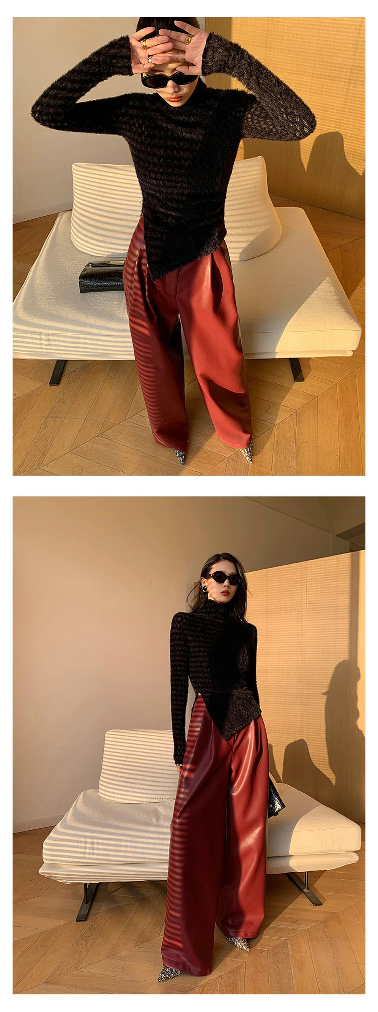 Lautaro Spring Autumn Loose Casual Soft Black Burgundy Pu Leather Wide Leg Pants for Women High Waist Korean Style Fashion 2023