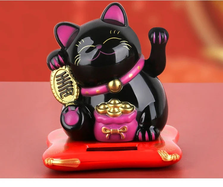 Solar Powered Maneki Neko Lucky Cat Welcoming Chinese Lucky Cat Waving Hand Beckoning Fortune Cat Figurines For Home Decor