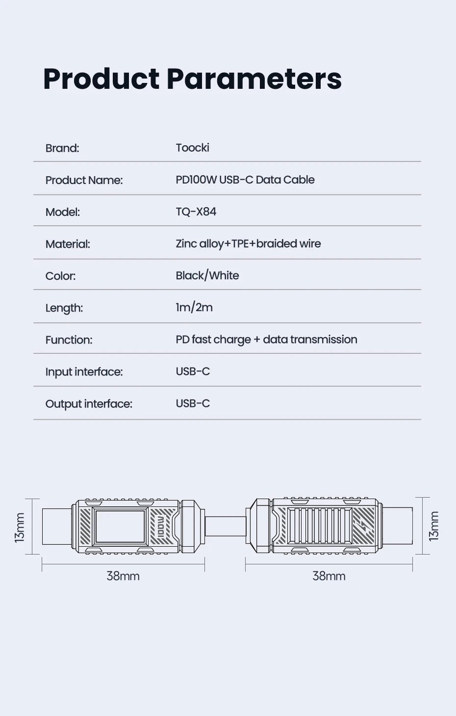 Toocki Type C to Type C Cable 100W Display Mechanical Zinc Alloy Data Cable Fast Charging USB C To USB C Cable ForXiaomi MacbooK