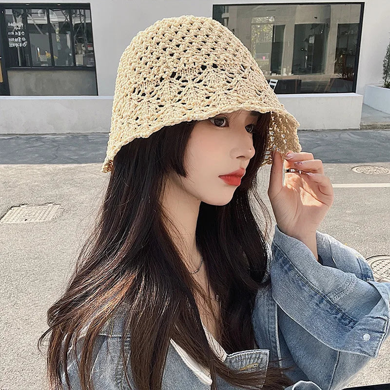 Korean v Niche Bucket Hat Female Summer Hollowed Out Woven Straw Hat Sun Proof Face Covering Fisherman Hat Korean Version Sun Vi