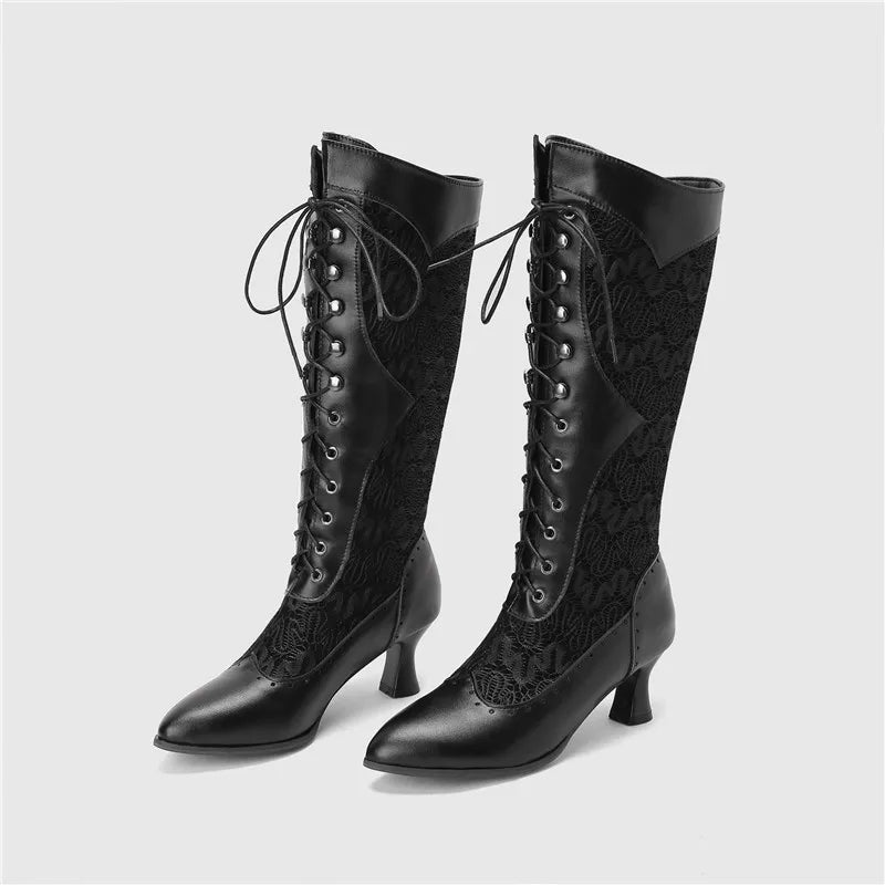 Retro Women Mid-calf Boots Victorian Black Brown Leather High Kitten Heel Party Wedding Lady Pointed Toe Lace Cosplay Half Boots