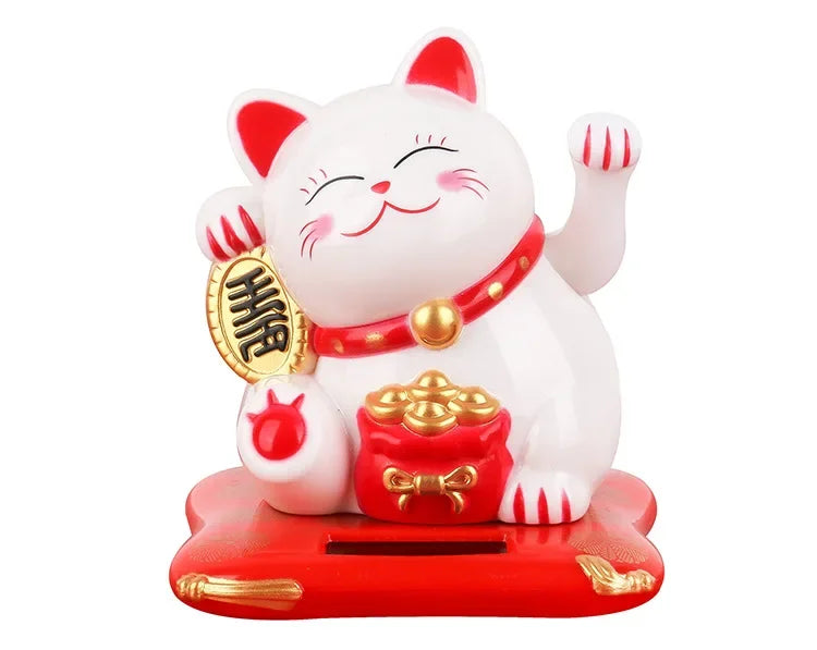 Solar Powered Maneki Neko Lucky Cat Welcoming Chinese Lucky Cat Waving Hand Beckoning Fortune Cat Figurines For Home Decor