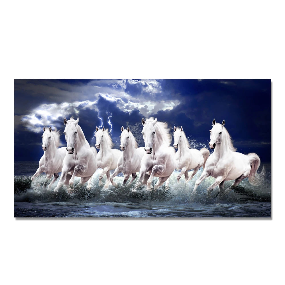 7 White Running Horses Canvas Painting  Animal Posters and Prints Wall Art Picture