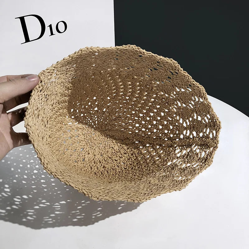 Korean v Niche Bucket Hat Female Summer Hollowed Out Woven Straw Hat Sun Proof Face Covering Fisherman Hat Korean Version Sun Vi