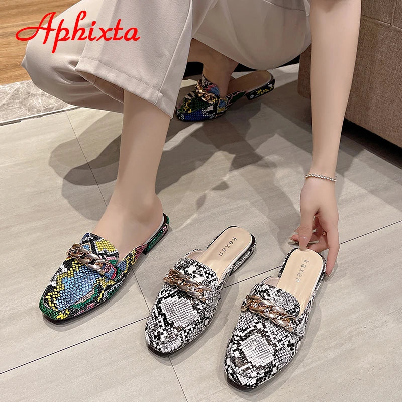 Aphixta New Snake Prints Chain Mules Women Slides Square Toe Shoes Classic Fashion Footwear Plus Large Size 42 43 Slippers