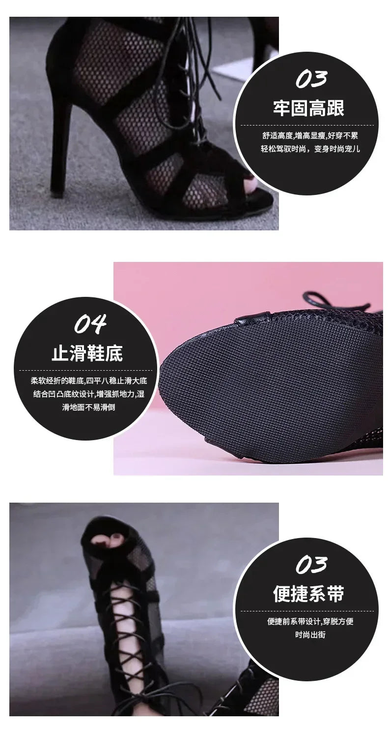 Sexy High Heels Hollow Mesh Sandals Women Summer Cross-tied Peep Toe Heeled Sandals Ankle Strap Dance Shoes Black Net Sandals