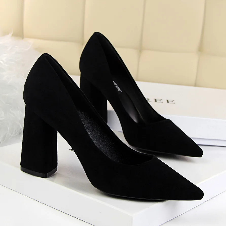 Women 8.5cm High Heels Elegant Pumps Lady Wedding Block Heels Scarpins Flock Suede Red Brown Nightclub Event Party Office Shoes