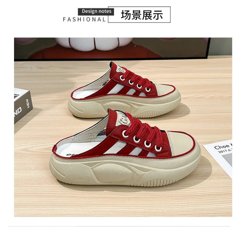 Retro Casual Beach Shoes for Women Summer Half Slippers Baotou Hollow Lace Up Platform Sandals Ladies Outdoor Pu Slipper