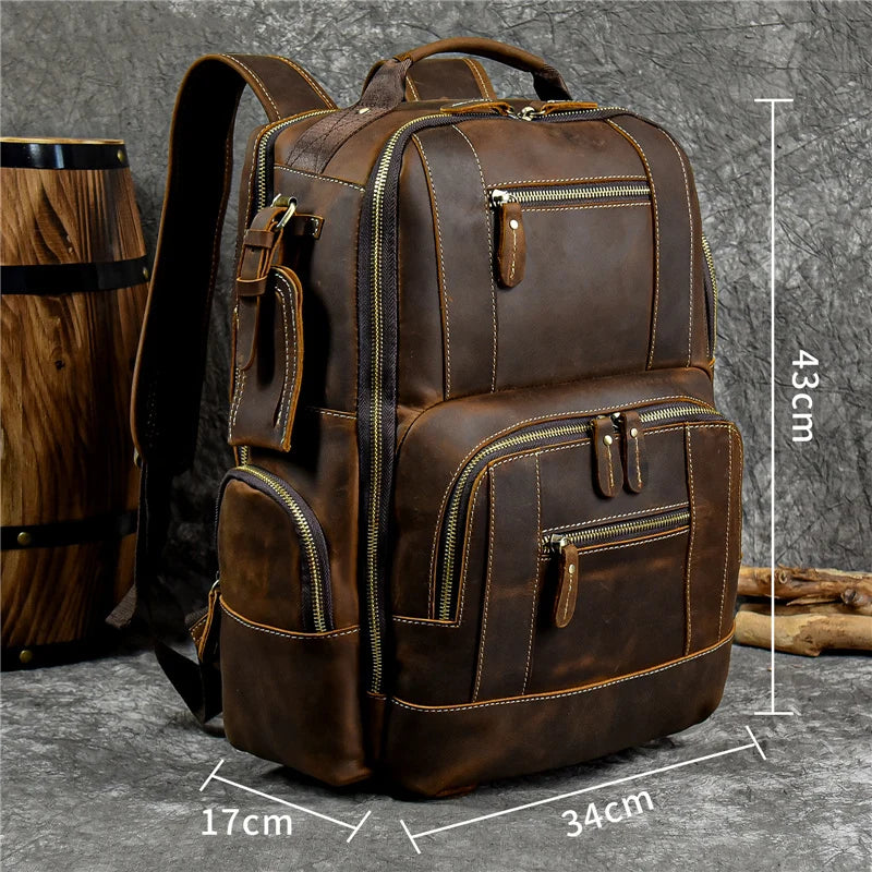 Vintage Men's Crazy Horse Leather Backpack genuine leather Retro Rucksack Large Classic Travel Backpack Big laptop computer bag